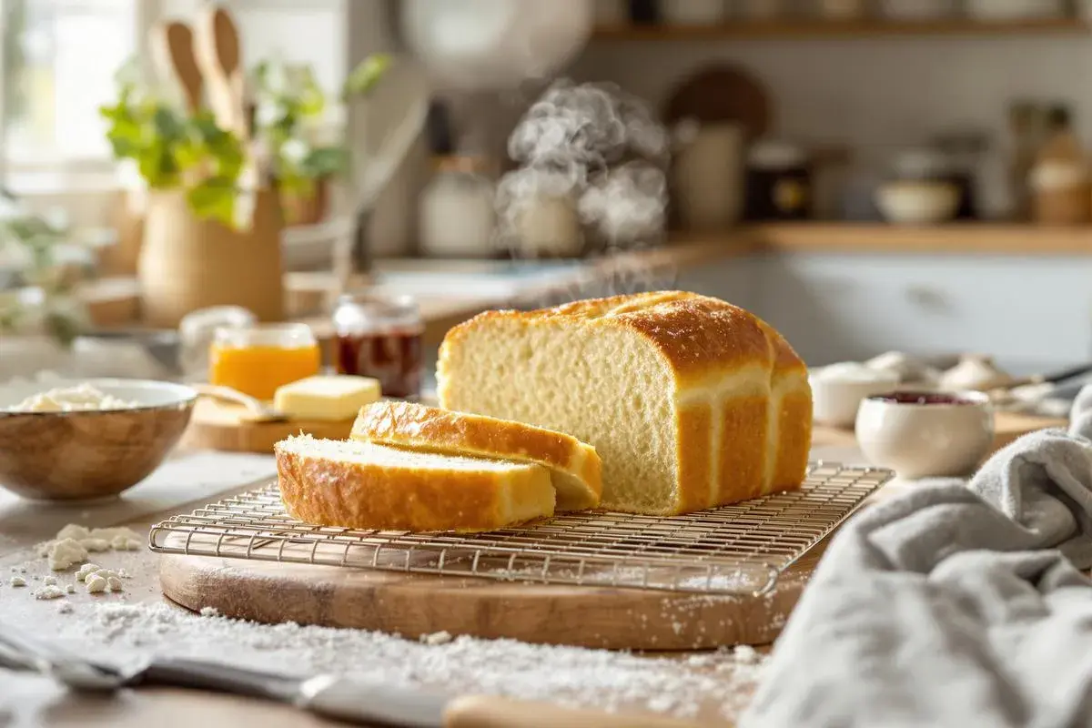 Un pain de mie doré et moelleux, encore chaud, est tranché sur une grille. Des pots de confiture et du beurre sont à proximité, prêts pour un petit-déjeuner gourmand.