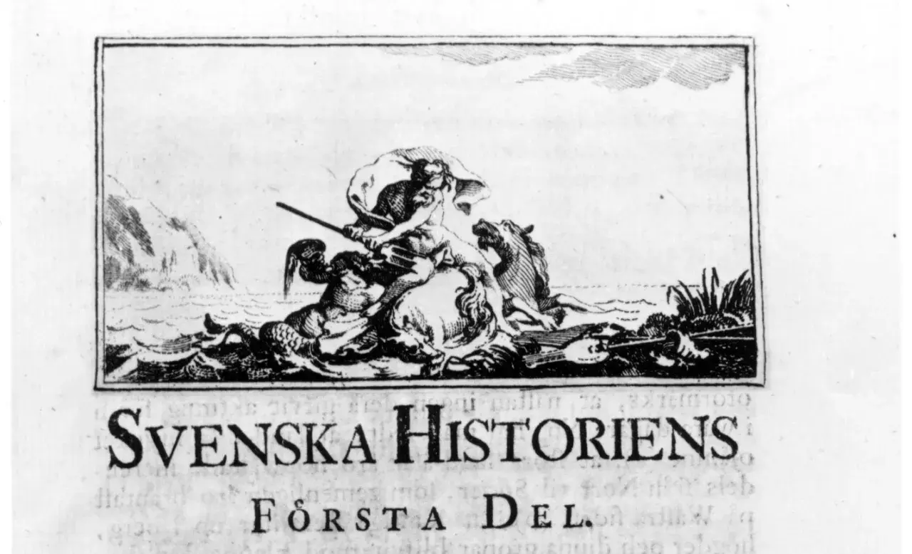 En mytisk scen med en havsgud på en häst som drar en vagn över vågorna, symboliserande Svea rikes historia.