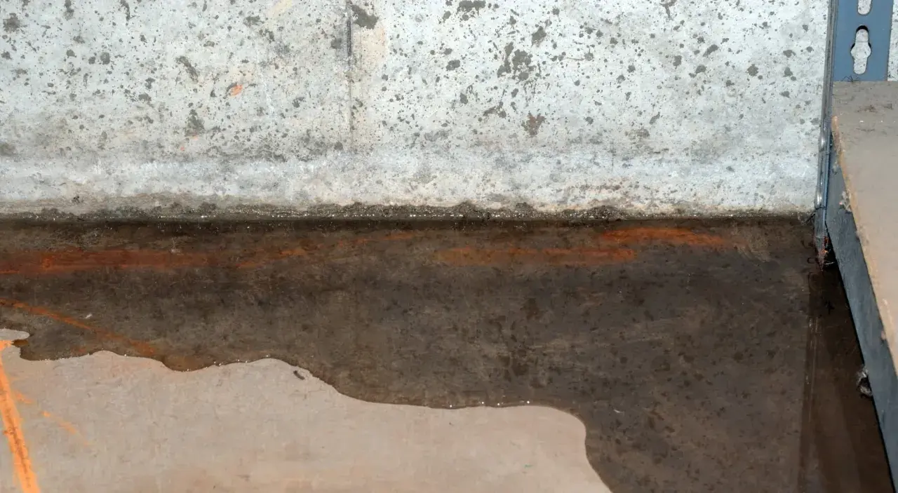 Wasser steht auf der Bodenplatte, ein Zeichen für einen hohen Grundwasserspiegel. Rostige Spuren deuten auf Feuchtigkeit hin.