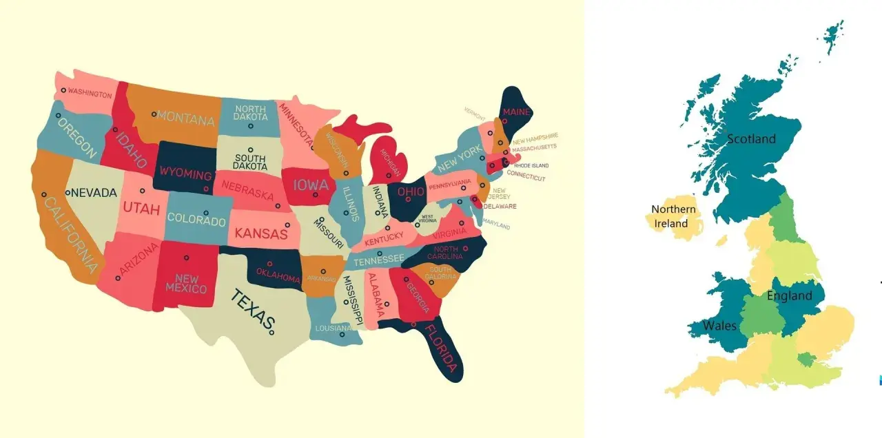 Mapa USA i Wielkiej Brytanii. Na mapie Wielkiej Brytanii widać Szkocję, Walię, Anglię i Irlandię Północną, pokazując gdzie leży Wielka Brytania.