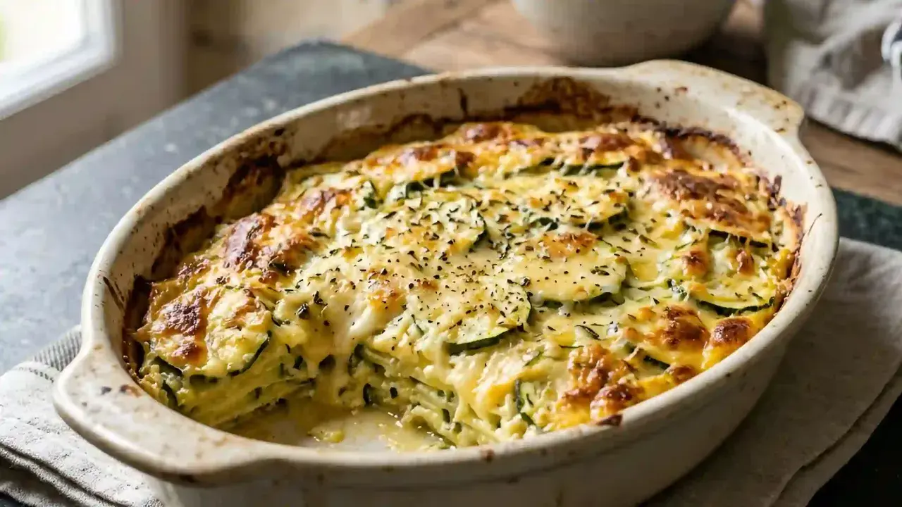 Un gratin de courgettes doré et crémeux, garni d'herbes, sort du four. Un délice à partager.