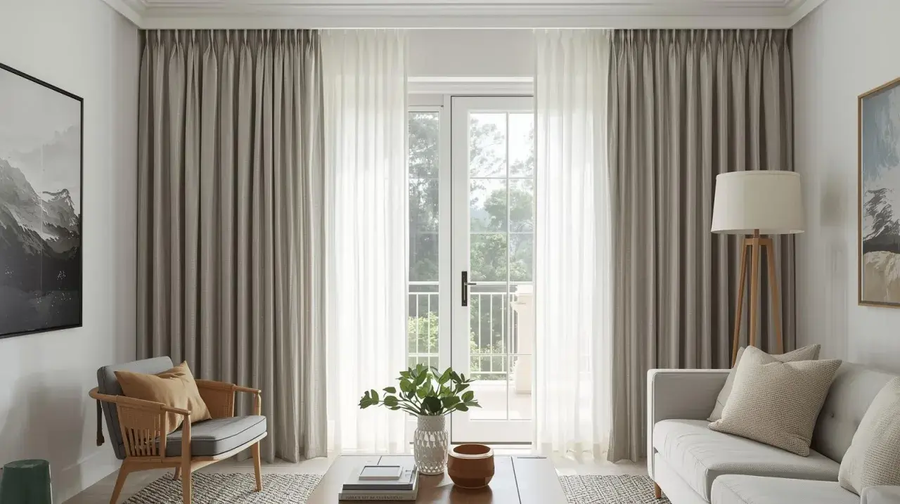 Elegant living room with floor-to-ceiling eyelet curtains framing a glass door, creating a soft, layered look.