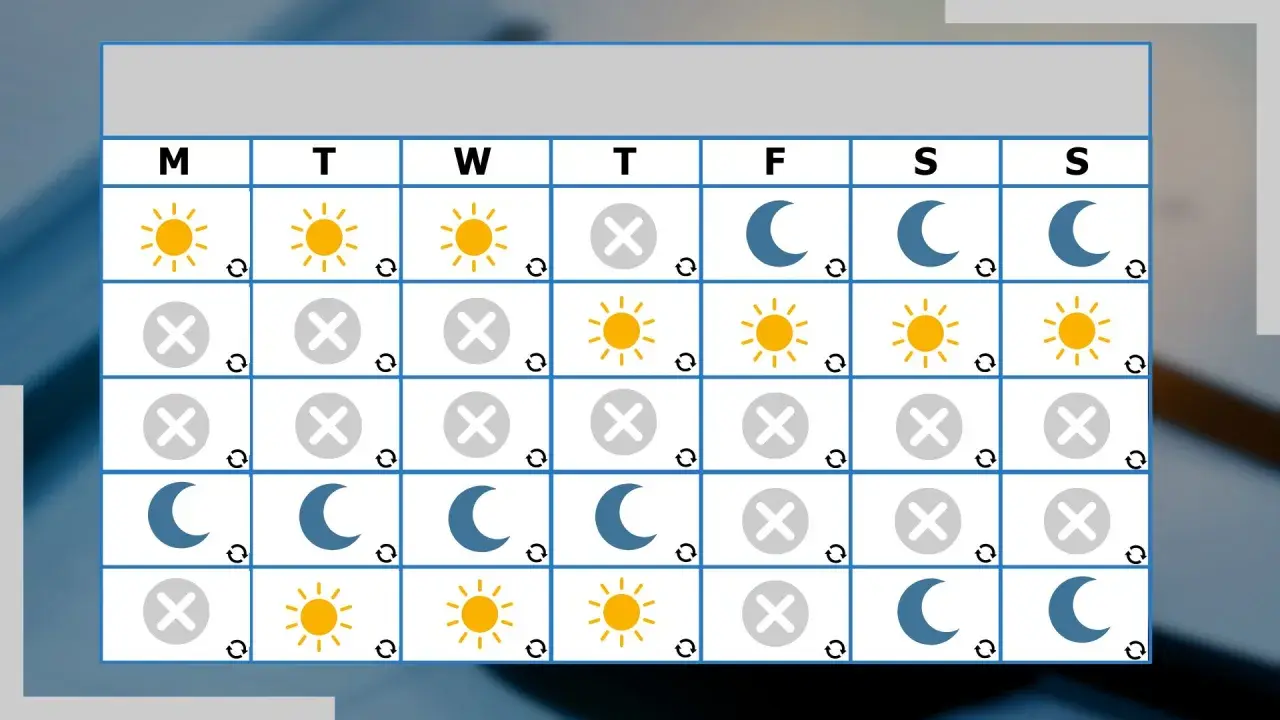 Calendario con icone di sole, luna e croce. Indica una possibile pianificazione per una pausa lavoro di 6 ore.