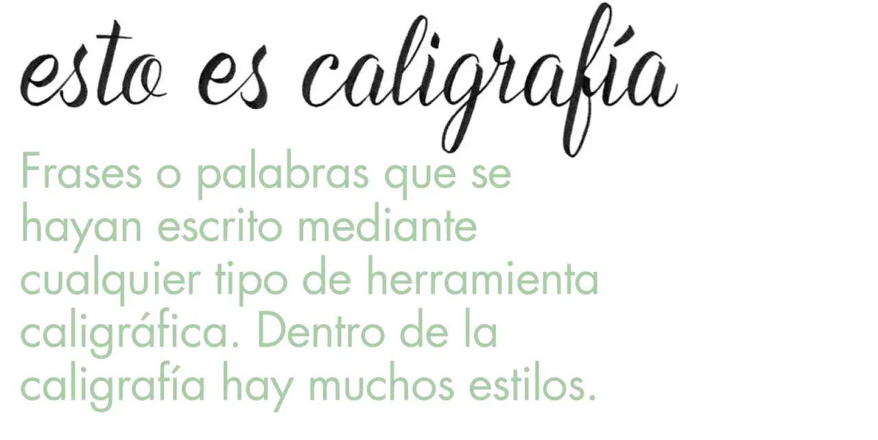Esto es caligrafía" en letras cursivas negras, seguido de texto verde que define la caligrafía como frases escritas con herramientas caligráficas, mencionando la variedad de estilos.