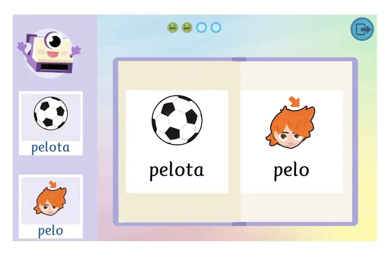 Un personaje animado enseña la **lectura global** de "pelota" y "pelo" con imágenes y texto.