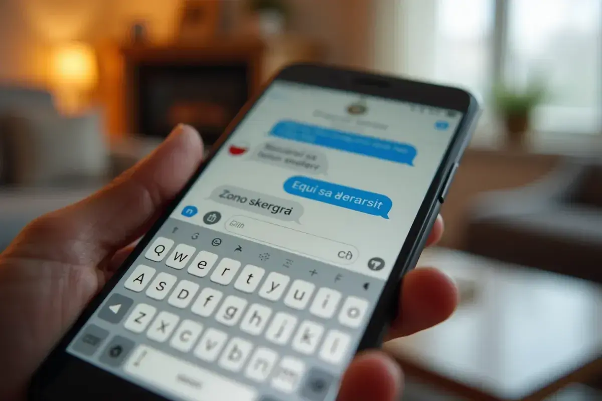 Dłoń trzyma smartfon z otwartą aplikacją SMS. Na ekranie widać okno czatu, a pod nim klawiaturę. To dobry przykład, jak ustawić polskie znaki w SMS.