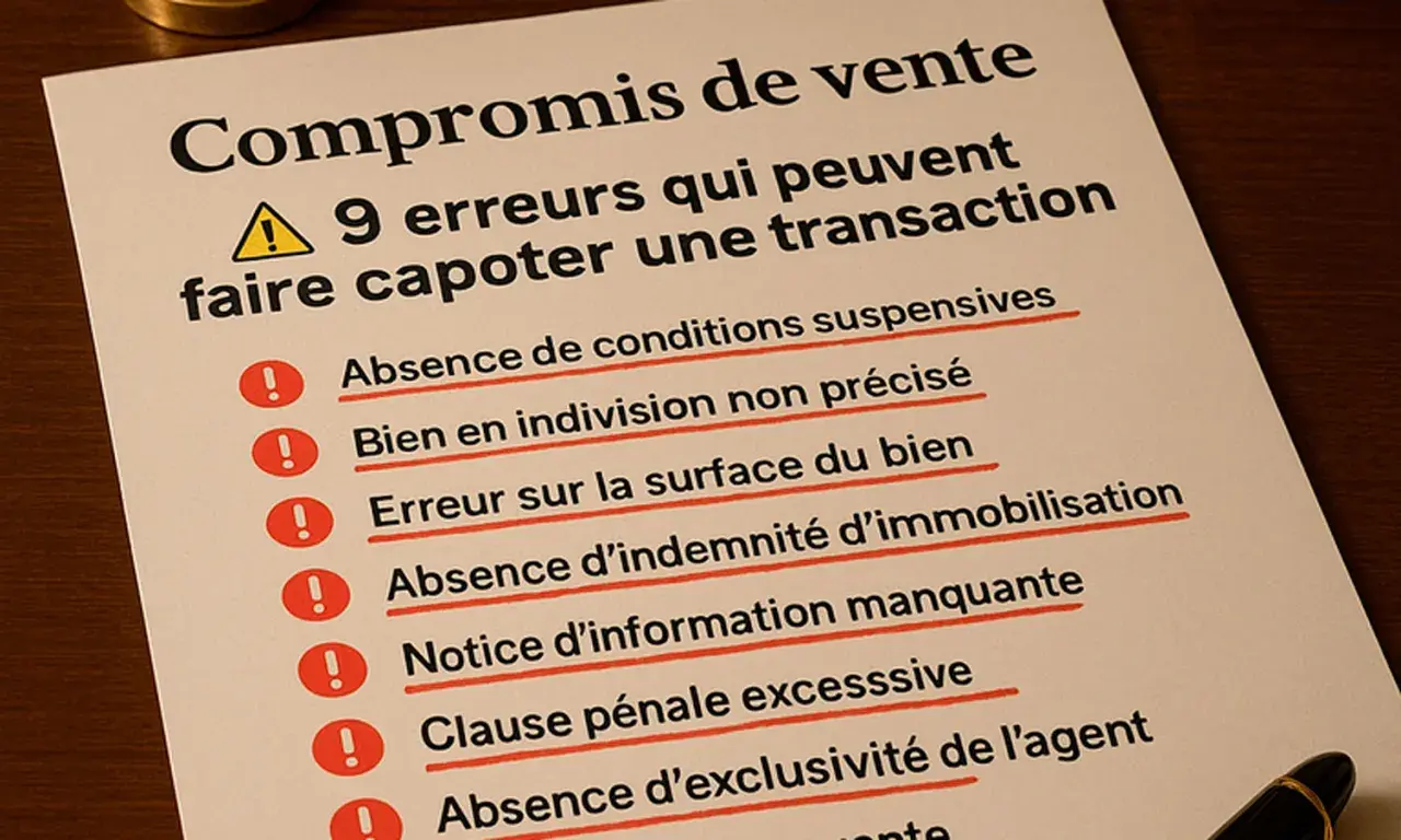 Liste des 9 erreurs à éviter pour un compromis de vente entre particuliers. Attention aux clauses suspensives, à l'indivision, à la surface, etc.
