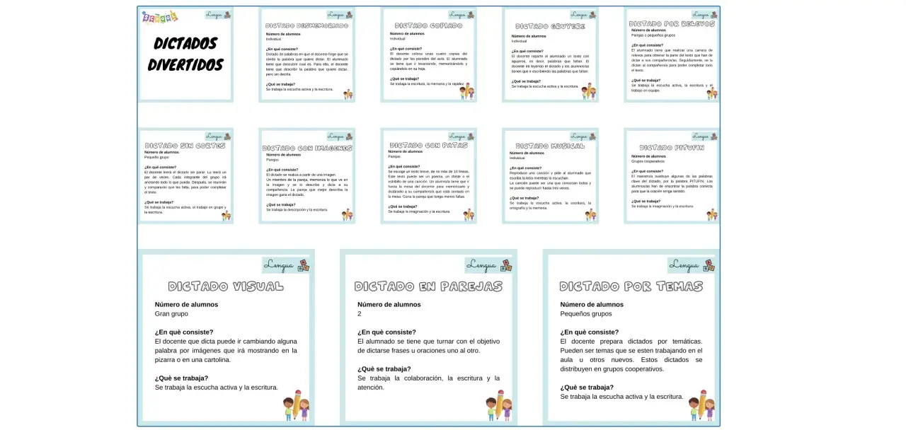 Diversos dictados divertidos para practicar la escritura y la escucha activa.