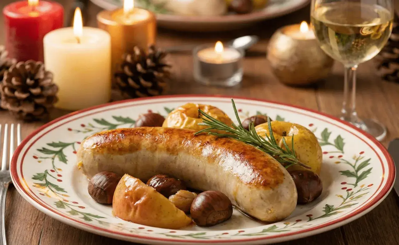 Boudin doré, pommes rôties et marrons sur une assiette festive. Le temps cuisson boudin est parfait pour ce plat d'hiver.