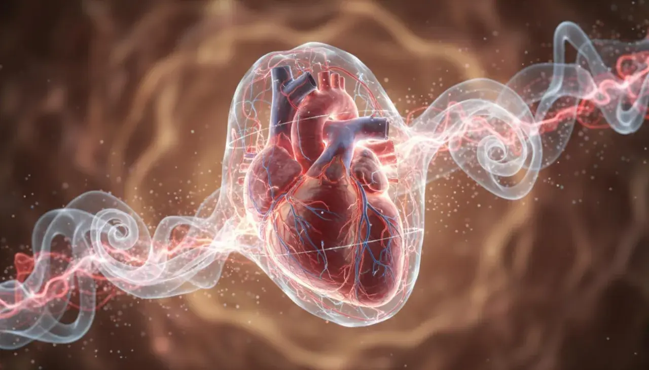 Anatomical heart surrounded by swirling energy, evoking a sense of kołatanie serca.