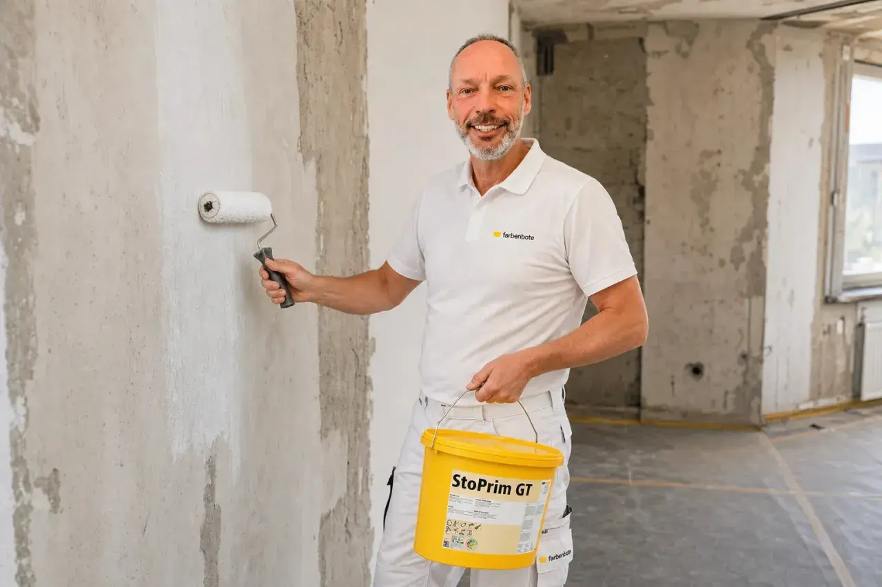 Maler grundiert mit einer Rolle die Wand. Er hält einen Eimer mit "StoPrim GT" in der Hand.
