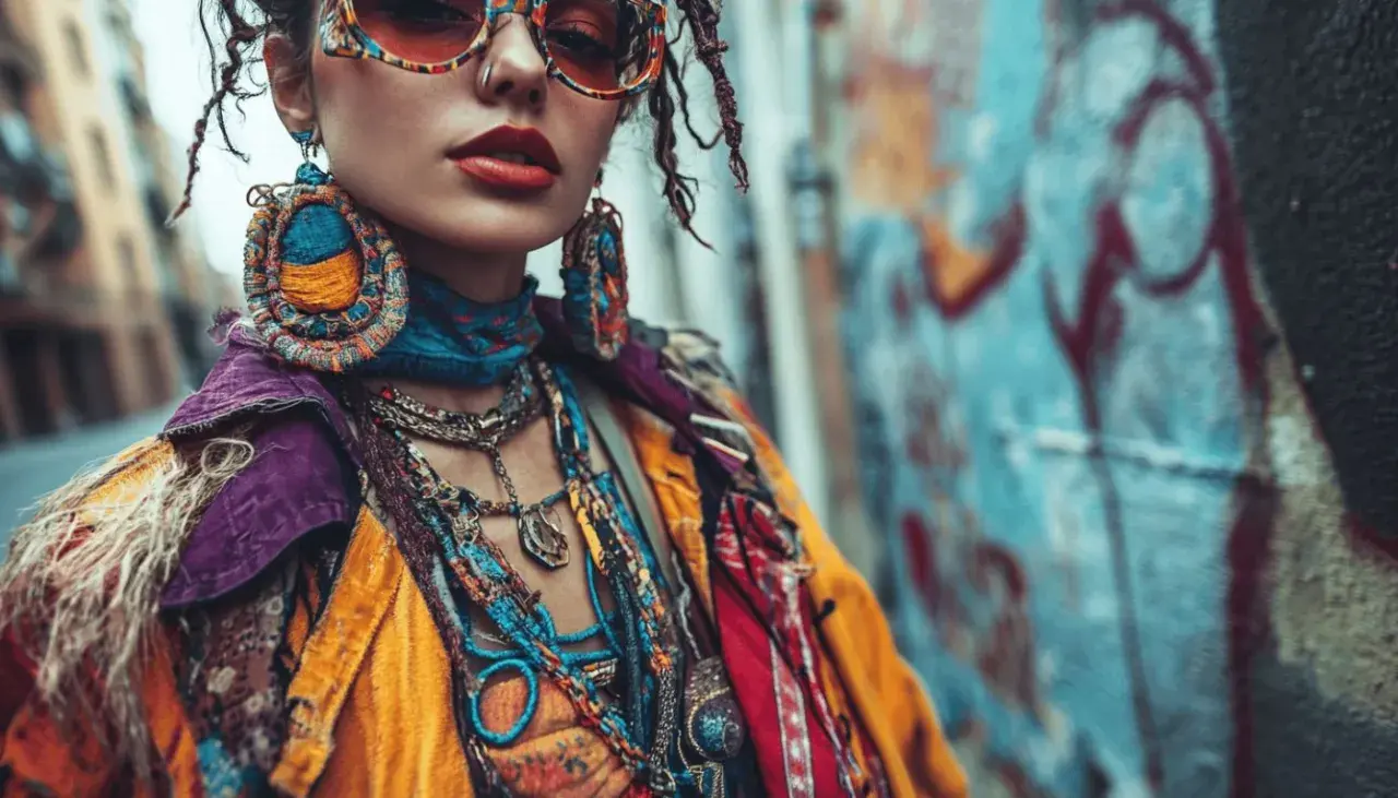 Une femme au style bohème audacieux, avec des lunettes colorées et de grosses boucles d'oreilles. C'est pas facile d'avoir du style, mais elle y arrive !