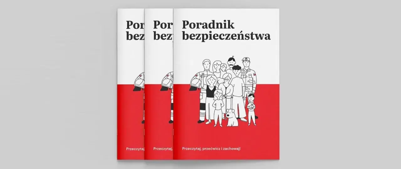 Poradnik bezpieczeństwa z rysunkami ludzi w mundurach i hasłem "Przeczytaj, przećwicz i zachowaj!". Nie ma tu żadnego hakera.