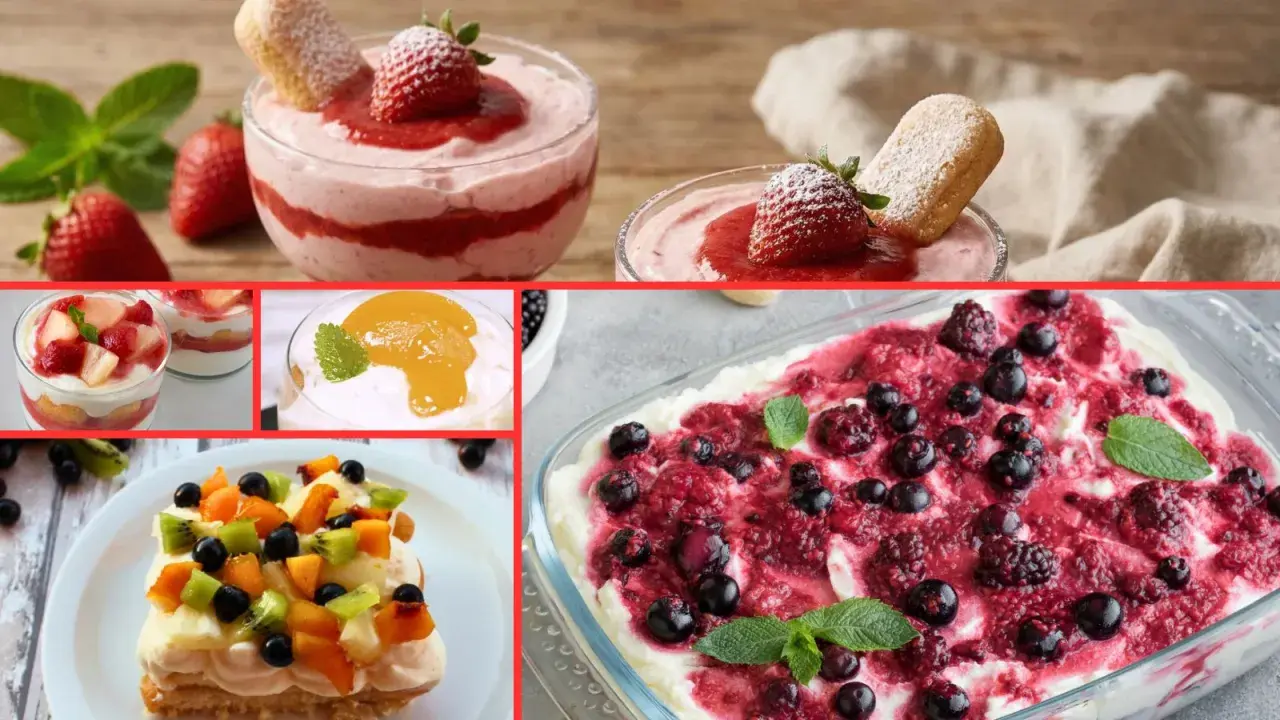 Collage di dolci leggeri per fine pasto: mousse di fragole, tiramisù alla frutta, torta con frutti di bosco e crema.