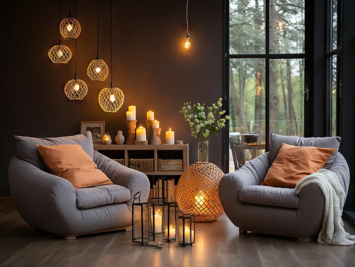 Dos sillones grises invitan al descanso junto a una chimenea de leña, creando una lámpara ambiente acogedora. Velas y luces cálidas iluminan la escena.