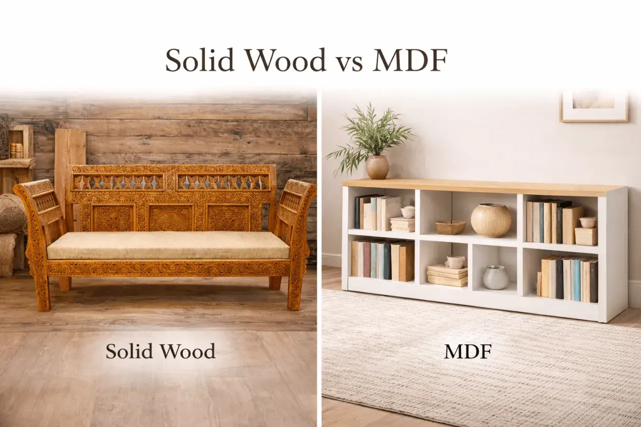 A carved solid wood bench sits on the left, contrasting with a modern white MDF shelving unit filled with books on the right.