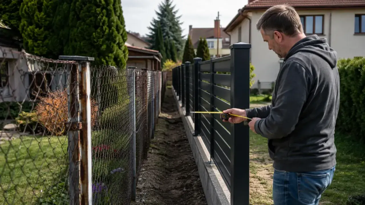 Mężczyzna mierzy nowy, ciemny płot, który stoi tuż obok starego, zardzewiałego. Czy można postawić płot przy płocie?