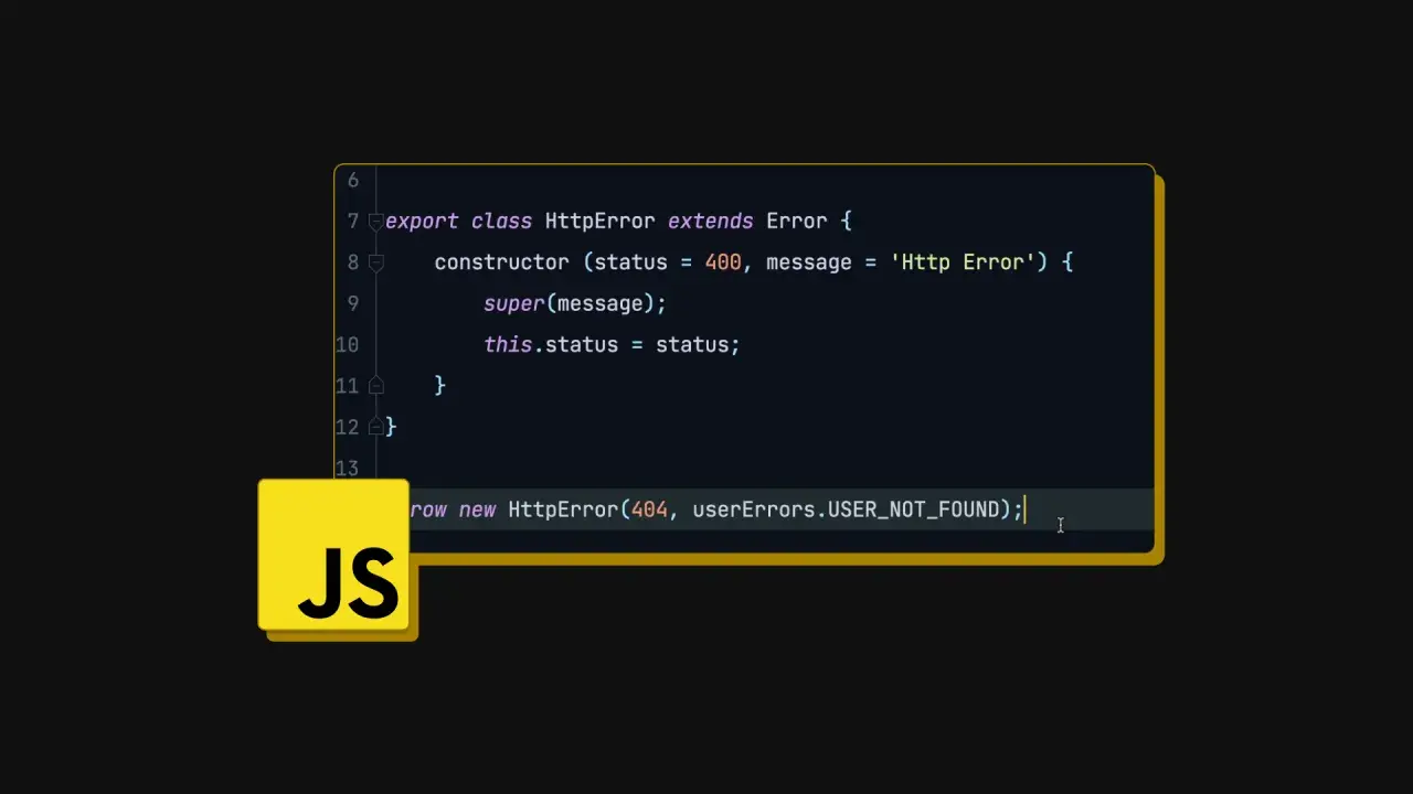 Fragment kodu w języku JavaScript, definiujący klasę HttpError i rzucający nowy błąd 404.
