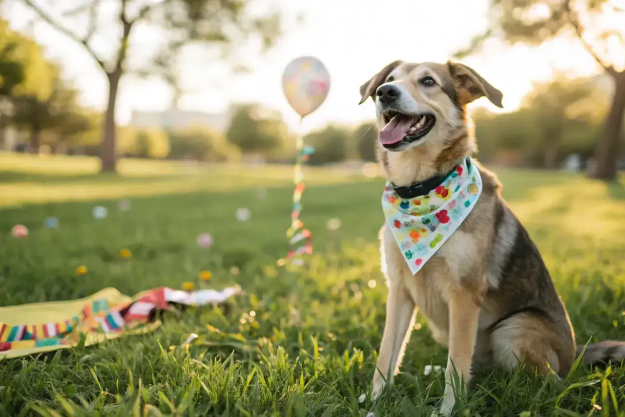 Perro feliz con pañuelo colorido celebra el día mundial del perro en un parque soleado, con un globo y confeti.