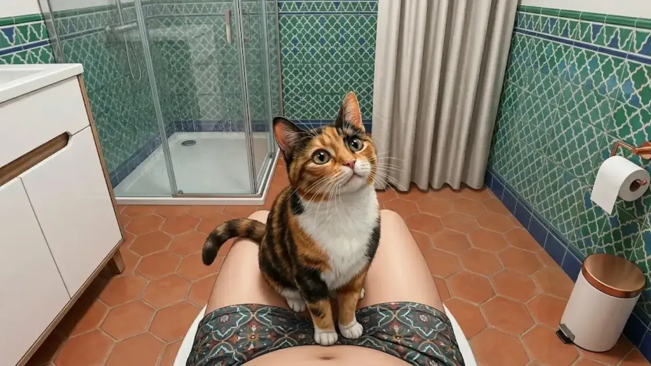 A calico cat sits on my lap while I poop, looking up with curious eyes. The bathroom features green tiled walls and a shower.