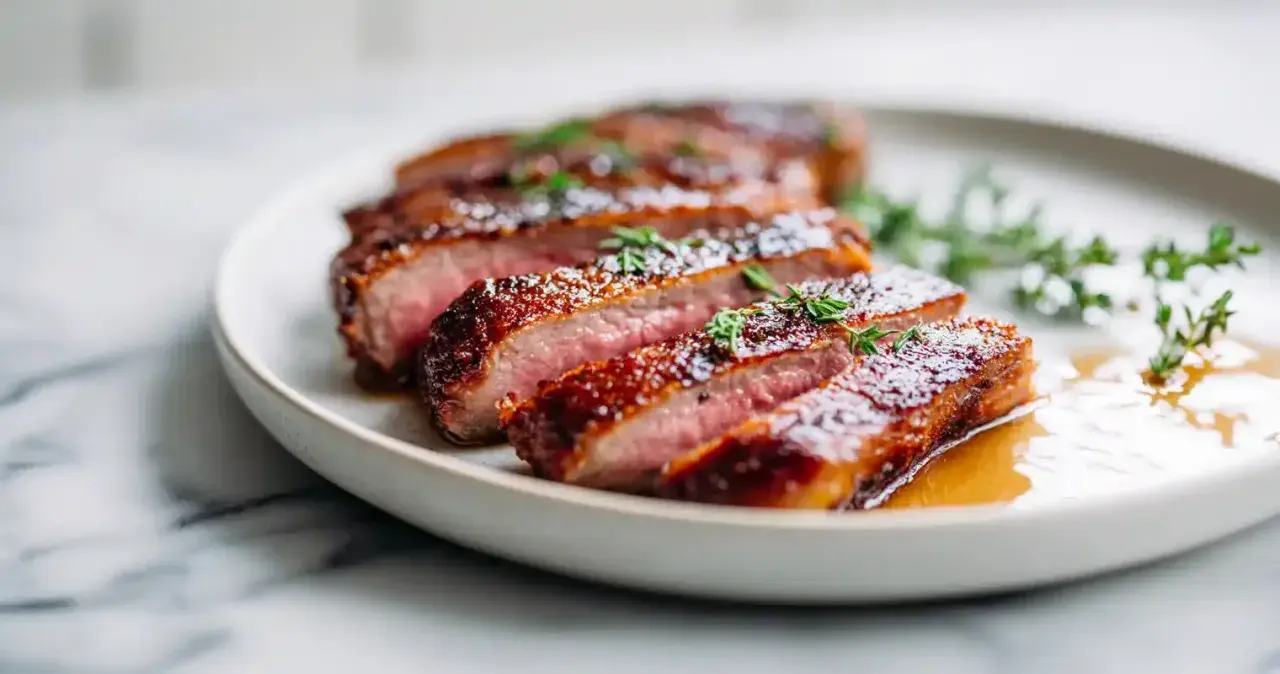 Tranches de filet de canette juteux, nappées d'une sauce brillante et garnies de thym frais, sur une assiette blanche.
