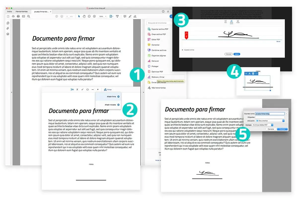 Proceso de firma digital en Adobe Acrobat Reader: se muestra cómo añadir firma y guardarla.
