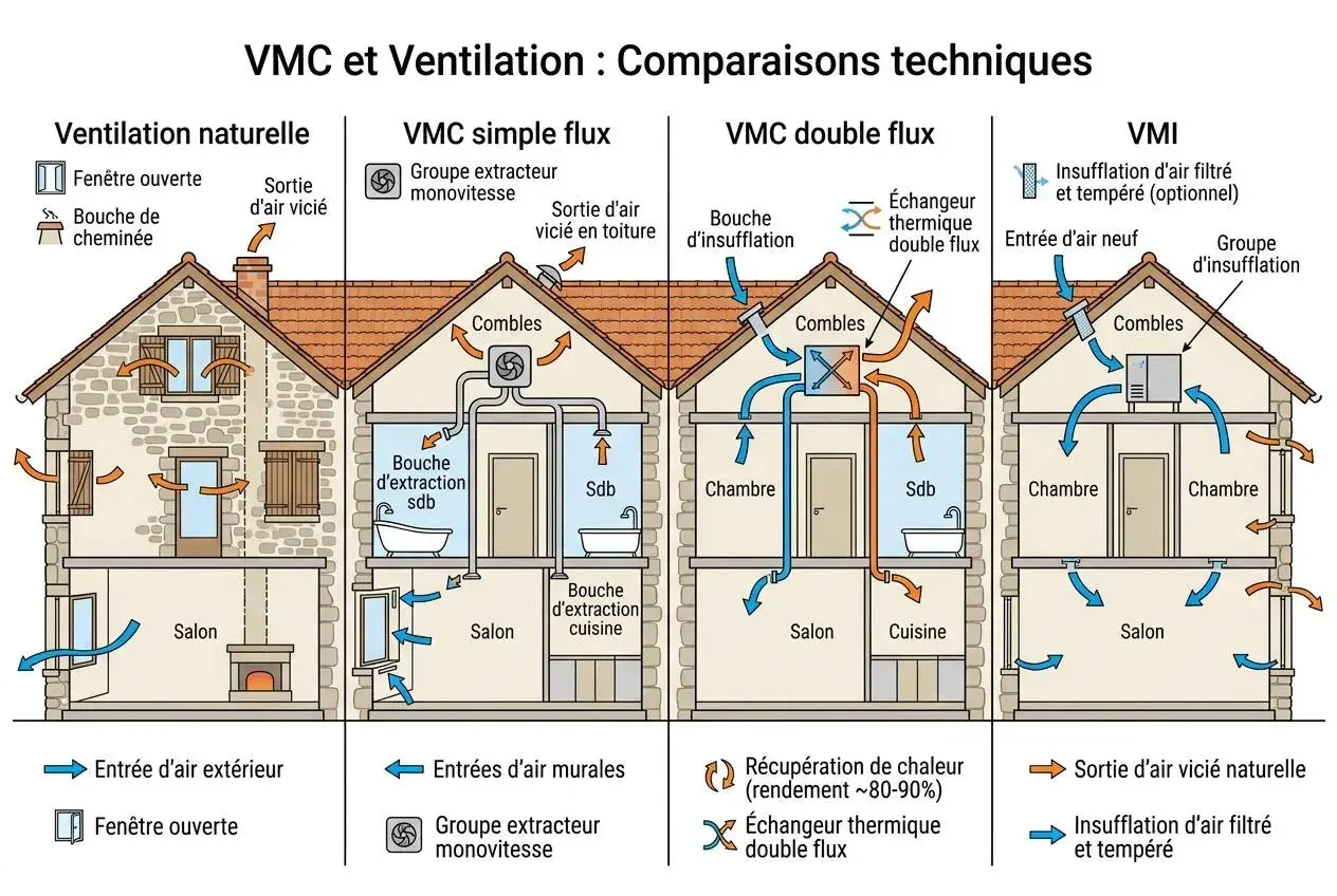 Schéma comparant 4 systèmes d'aération maison : naturelle, VMC simple flux, double flux et VMI.