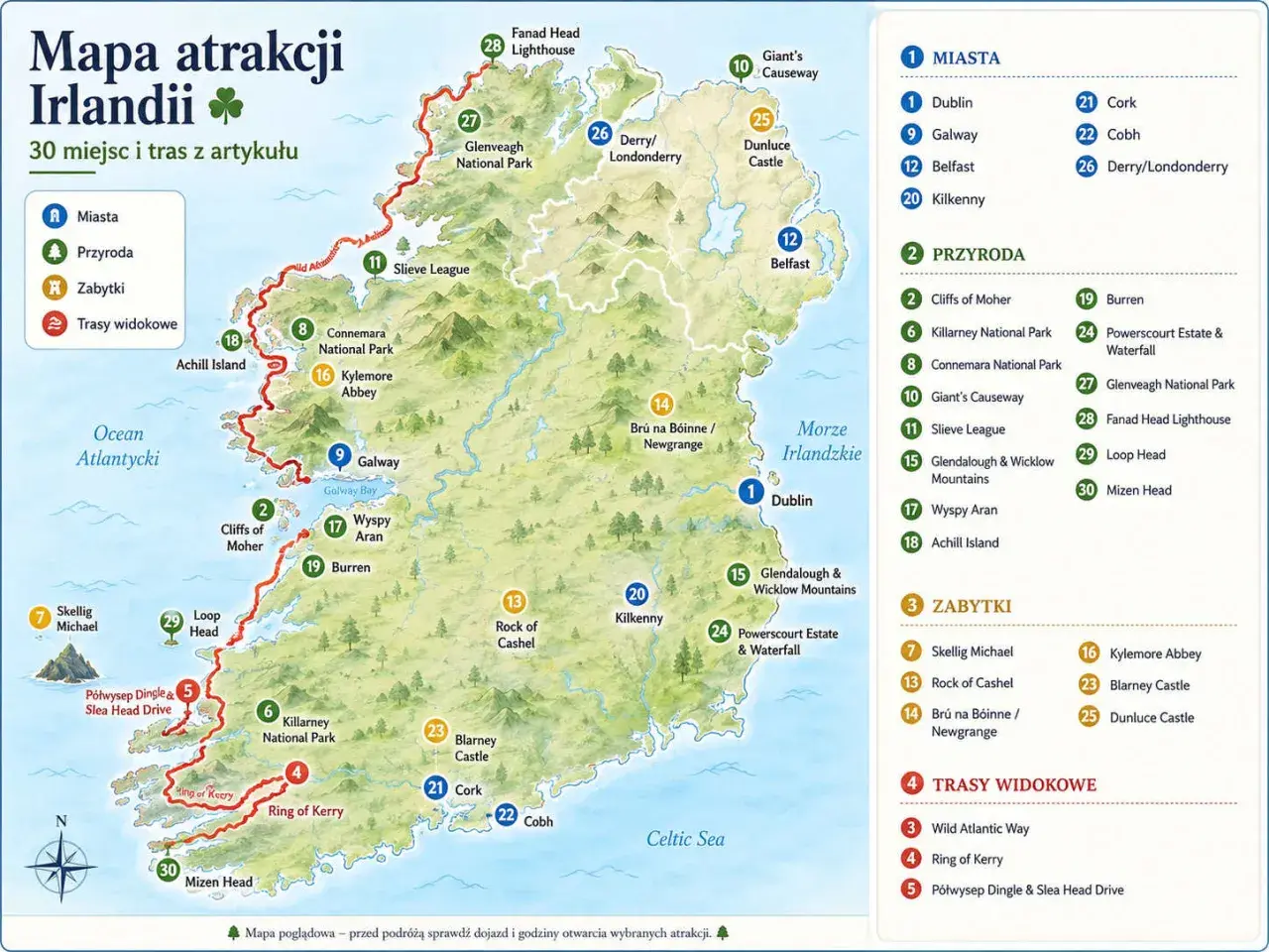 Mapa atrakcji Irlandii: zobacz Dublin, Galway, Killarney NP, Ring of Kerry, Cliffs of Moher i inne miejsca.