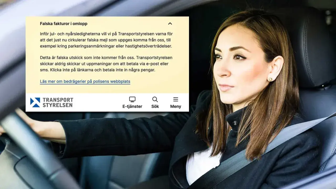 Kvinna i bil ser orolig ut när Transportstyrelsen varnar för falsk parkeringsbot via mejl. Betala aldrig via e-post eller sms.