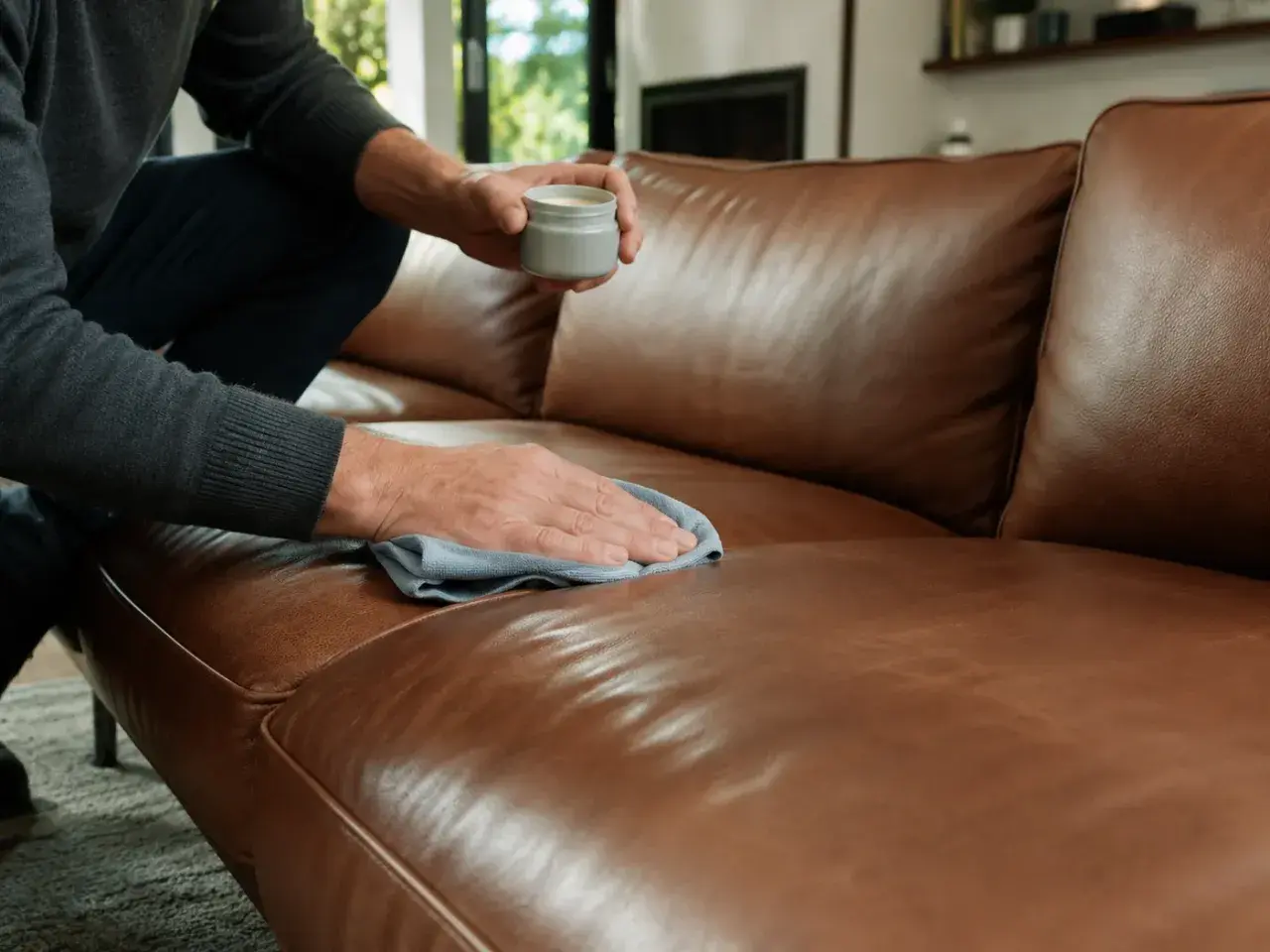 Mann pflegt braunes Ledersofa mit einem Tuch und einer Creme. Einfache lederpflege hausmittel für ein schönes Zuhause.