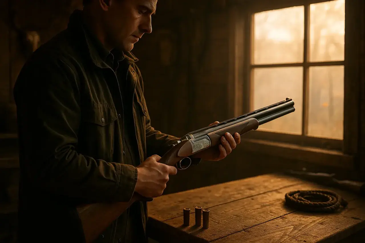 Un homme examine un fusil court en bois, prêt pour la chasse. Trois cartouches reposent sur la table rustique.