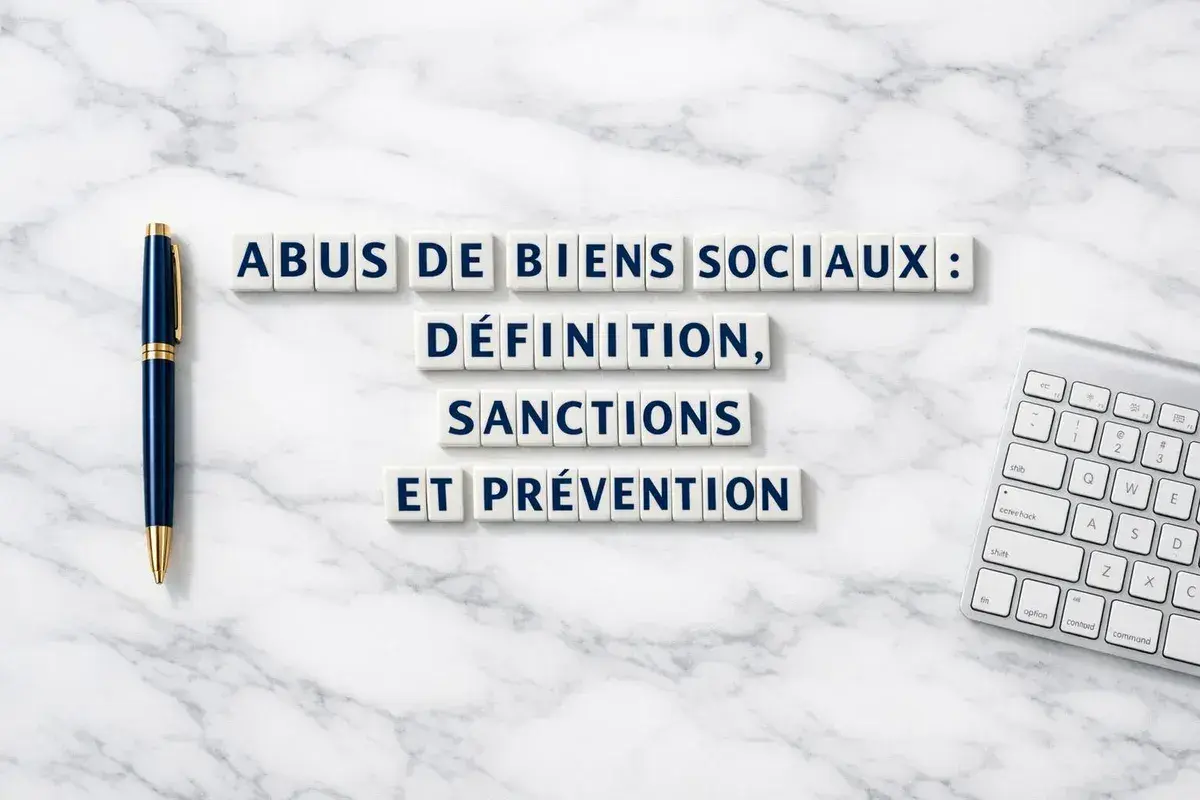 Lettres sur un fond marbre : "Abus de biens sociaux : définition, sanctions et prévention". Stylo et clavier à proximité.