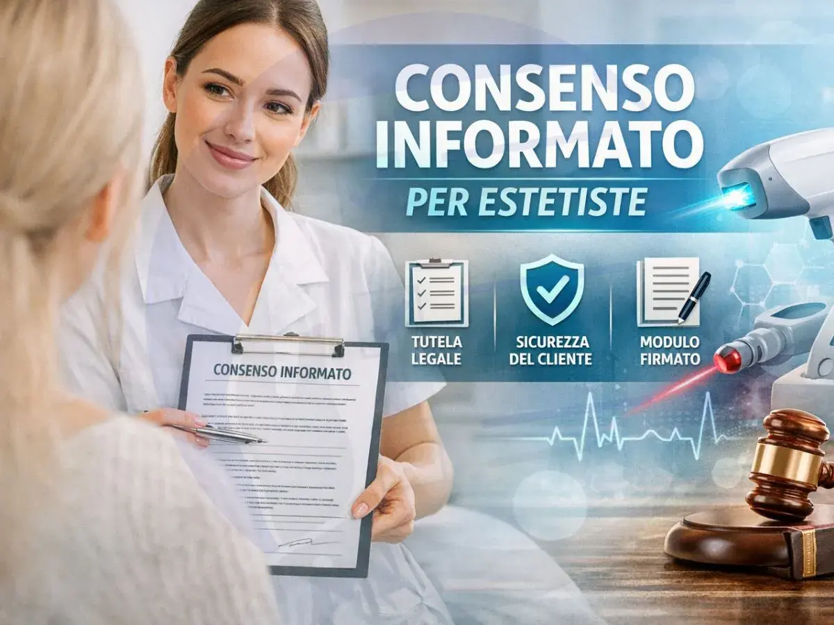 Estetista presenta un atto medico di consenso informato a una cliente. Sicurezza, tutela legale e modulo firmato.