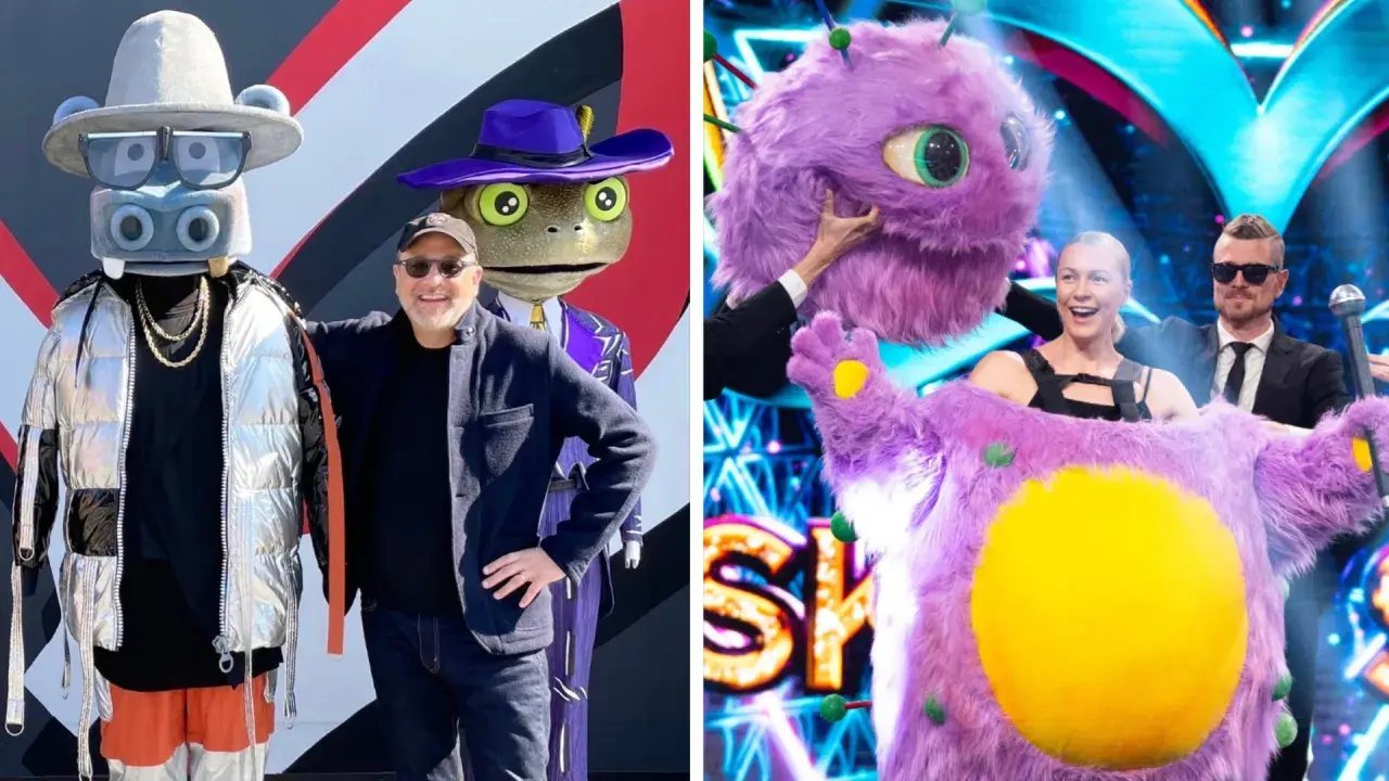 Masked Singer-deltagare i roliga dräkter, en man i hatt och en groda i kostym. På andra sidan en lila monsterdräkt med glada ansikten.