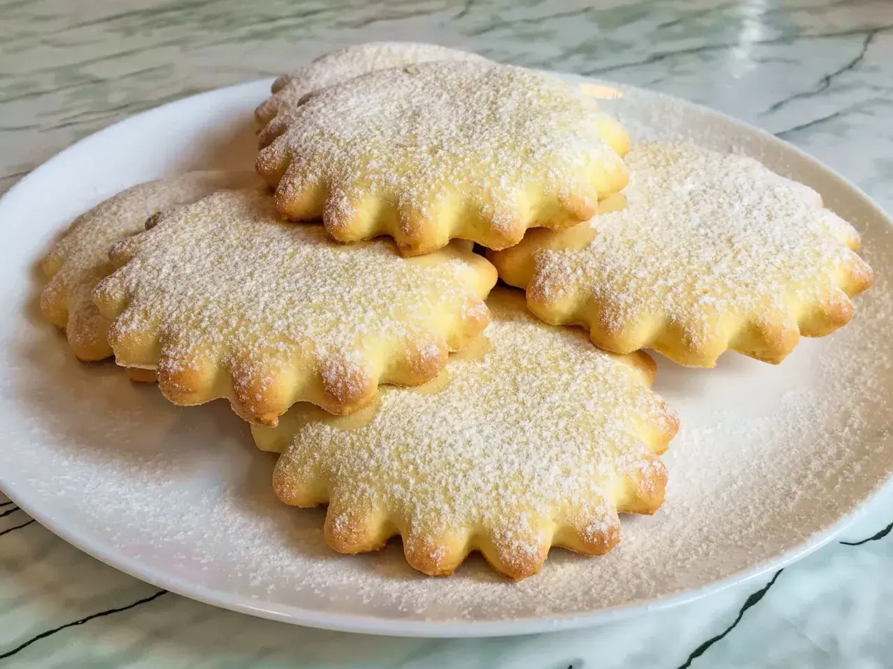 Pyszne, puszyste ciasteczka posypane cukrem pudrem. Idealne do kawy, jako inspiracja na przepis na ciastka.