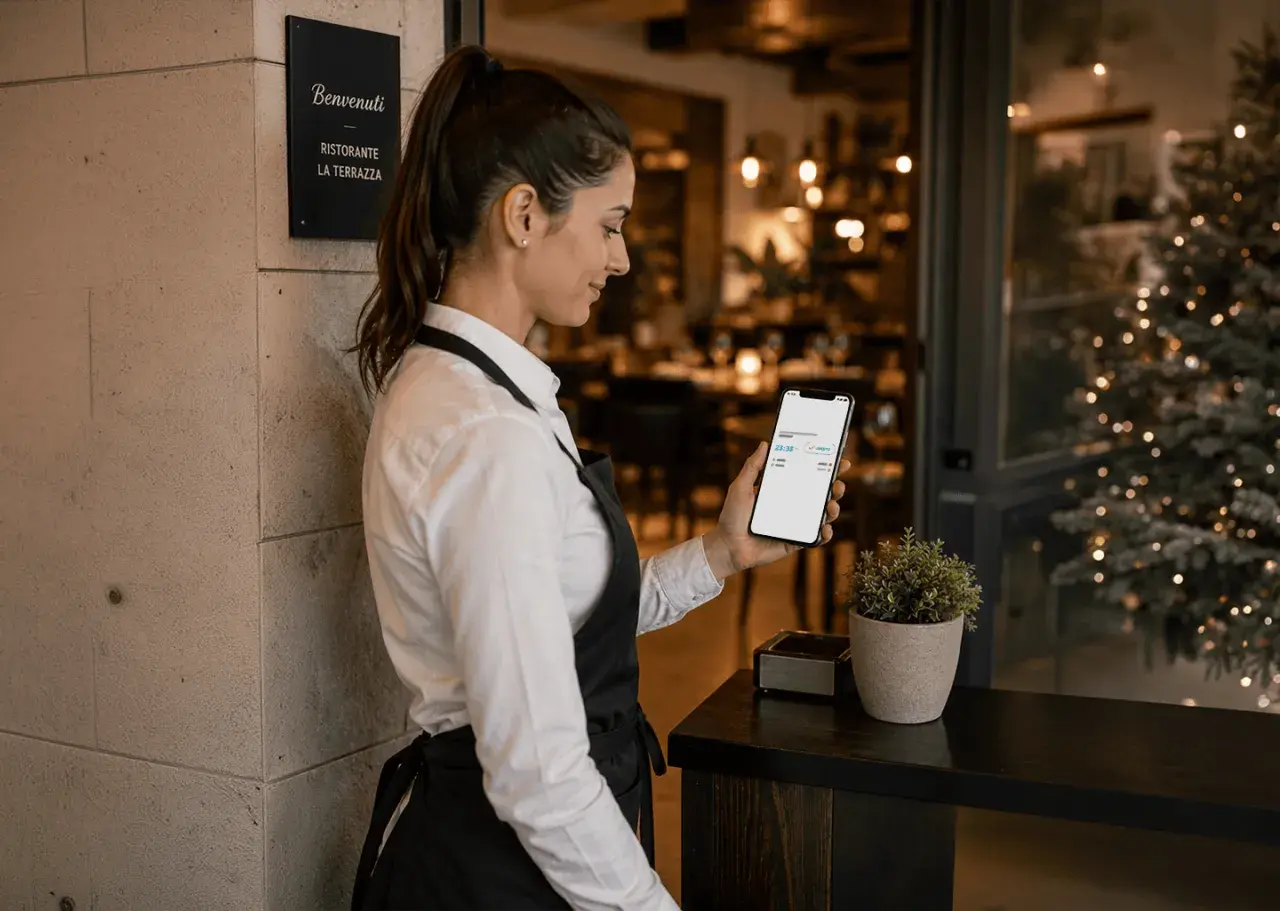 Cameriera controlla sul telefono quanto viene pagata la domenica, mentre sullo sfondo si intravede un ristorante addobbato per Natale.
