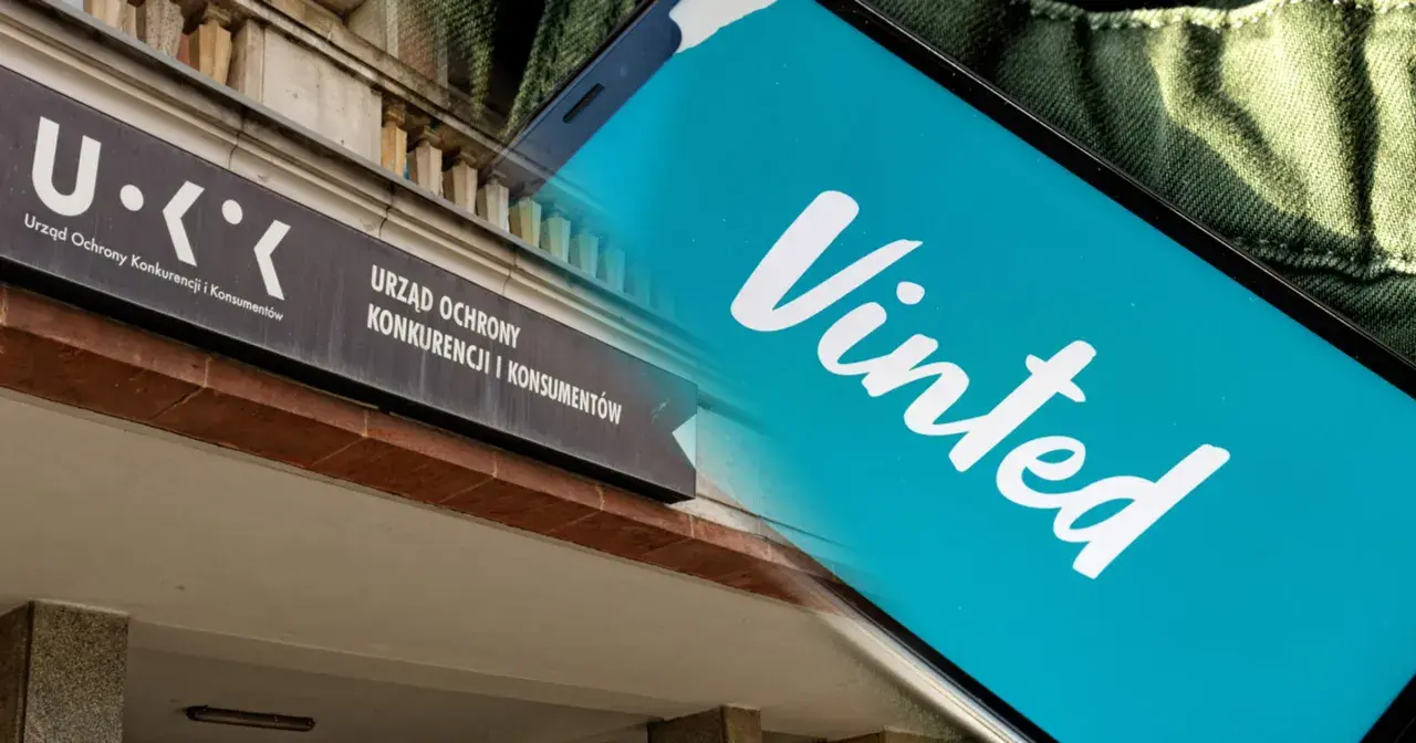 Tablica Urzędu Ochrony Konkurencji i Konsumentów obok ekranu telefonu z logo Vinted. Zapewnia to ochronę kupujących Vinted.