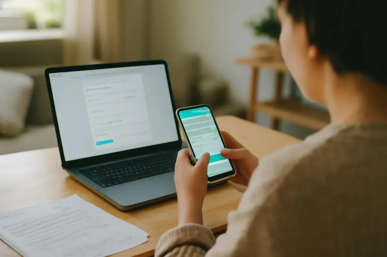 Personne utilisant un téléphone et un ordinateur portable pour gérer une réclamation Vinted.