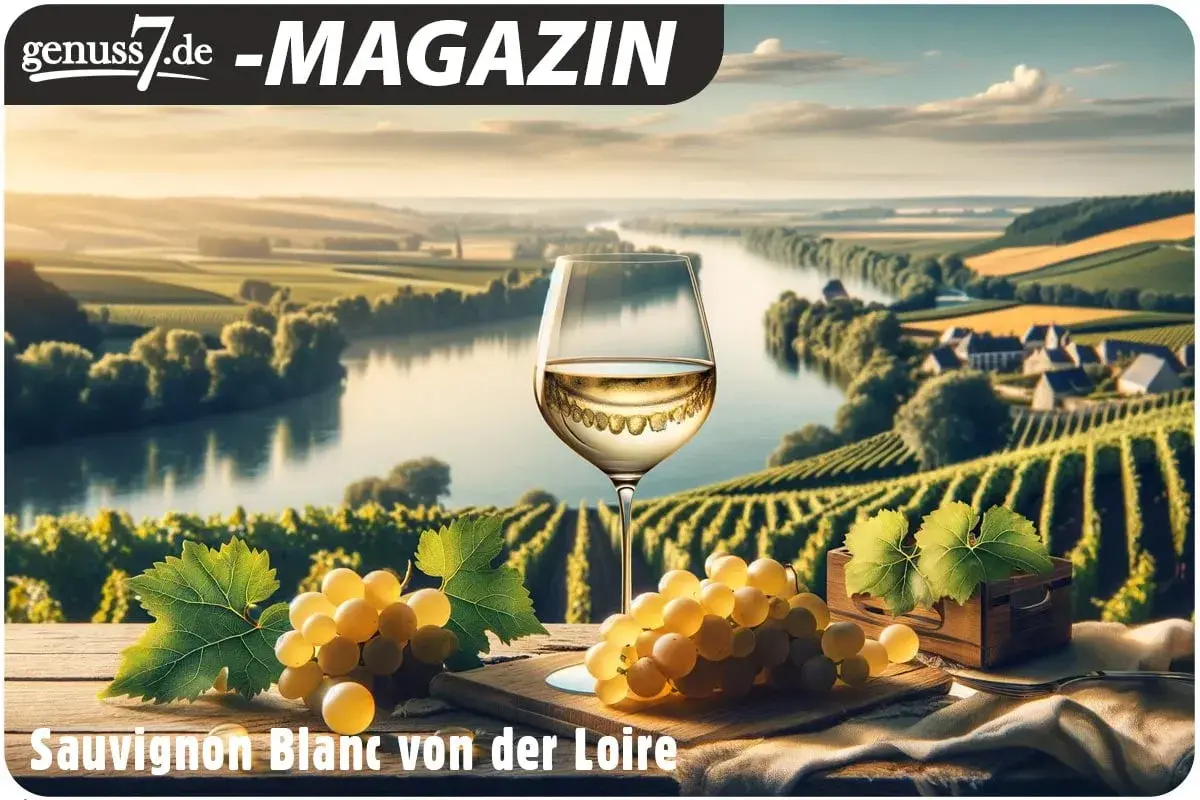 Ein Glas Sancerre Wein steht vor einer malerischen Weinlandschaft an der Loire. Trauben und Weinblätter zieren den Vordergrund.