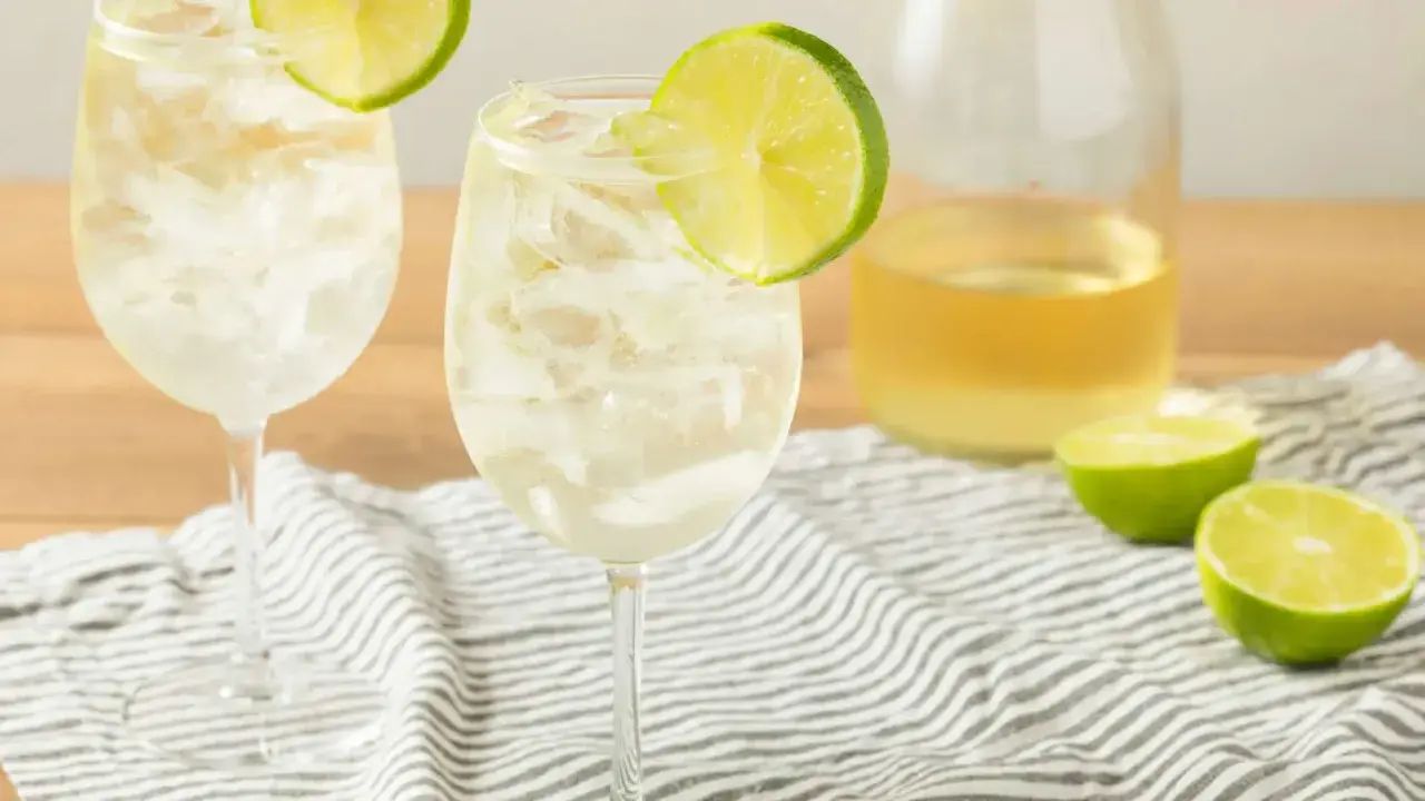 Orzeźwiający szprycer drink z lodem i plasterkiem limonki, obok butelka białego wina i połówki limonki.