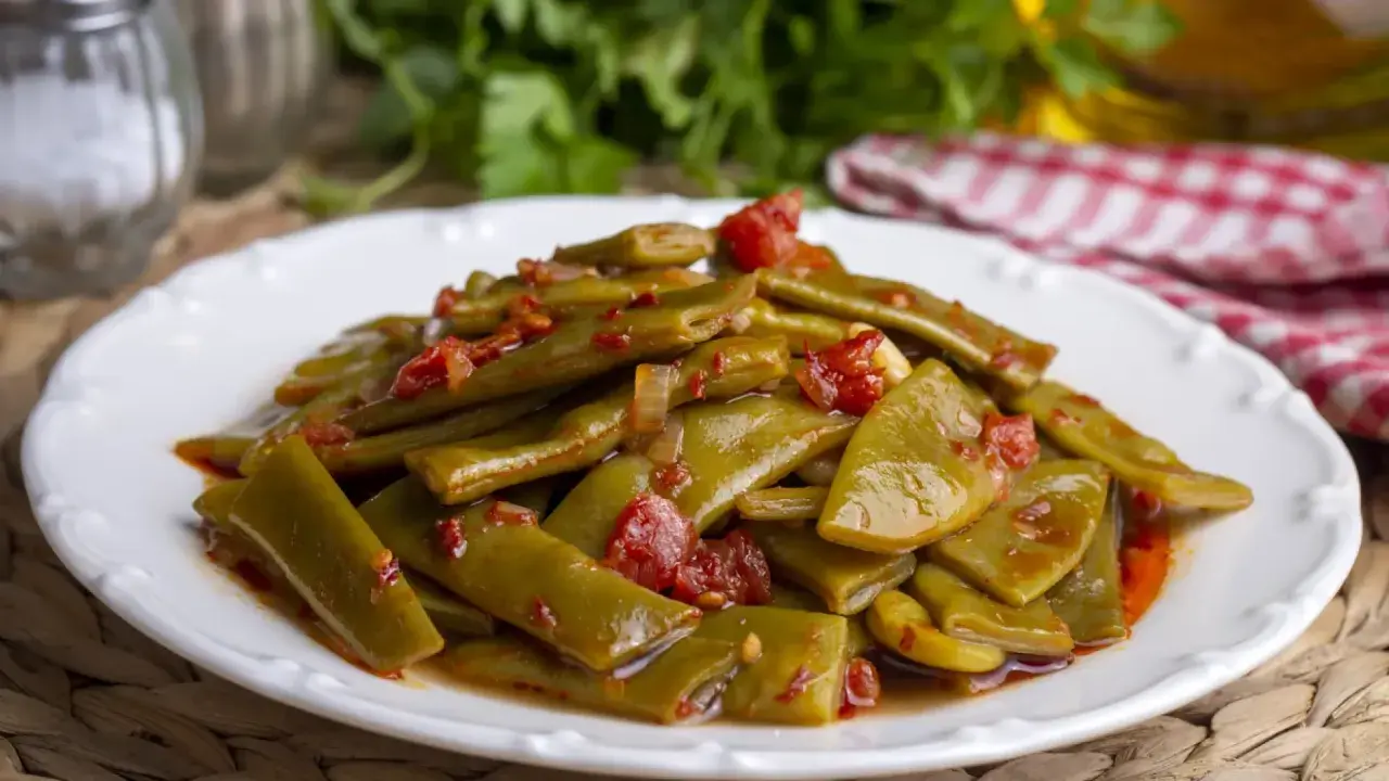 Judías verdes tiernas salteadas con tomate y un toque de jamón, un plato casero lleno de sabor.