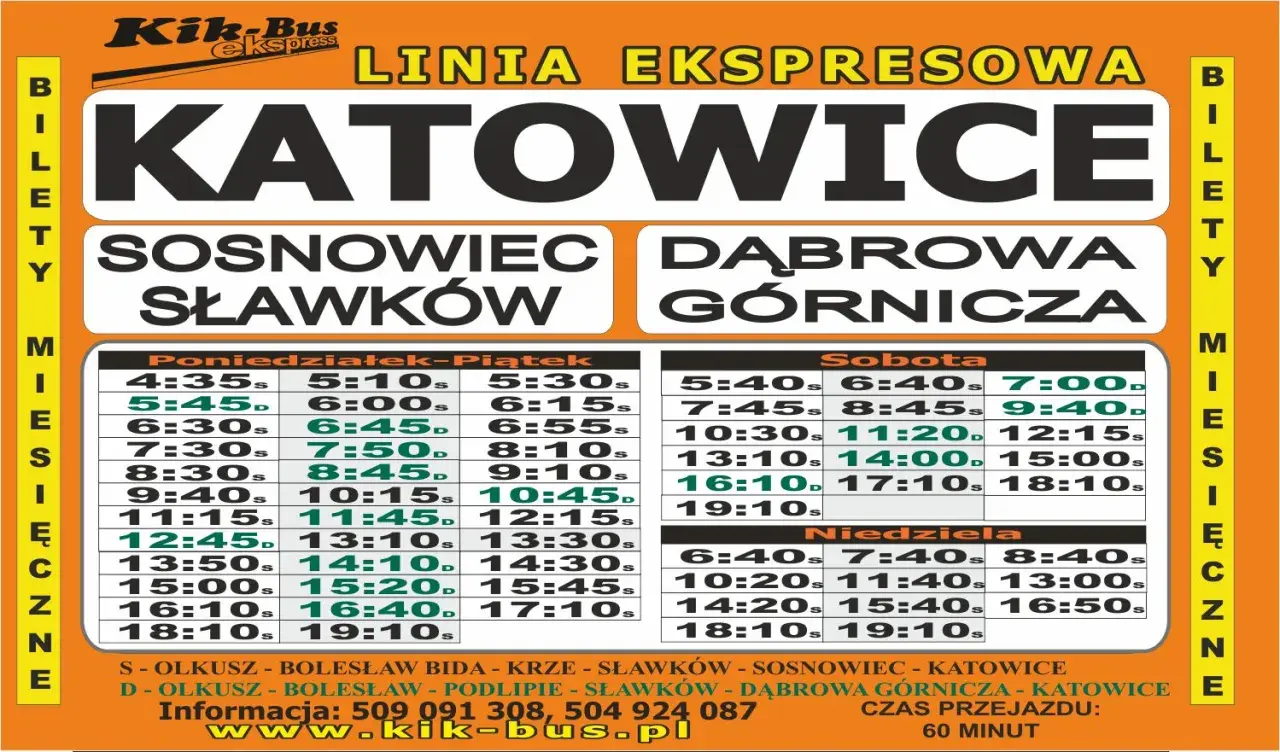 Rozkład jazdy Kik-Bus Katowice-Olkusz. Sprawdź cennik i godziny odjazdów na trasie Katowice-Sosnowiec-Dąbrowa Górnicza.