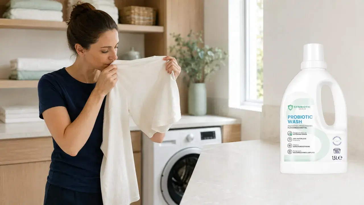 Frau riecht an einem T-Shirt, um hartnäckigen Schweißgeruch aus Kleidern zu entfernen. Daneben steht eine Flasche Synbiotic Wash.