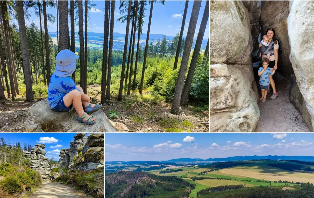 Dziecko siedzi na pniu w lesie, rodzina z dziećmi w skalnej szczelinie, ścieżka wśród skalnych formacji, krajobraz z polami i lasem. W oddali widać skalny ostaniec.