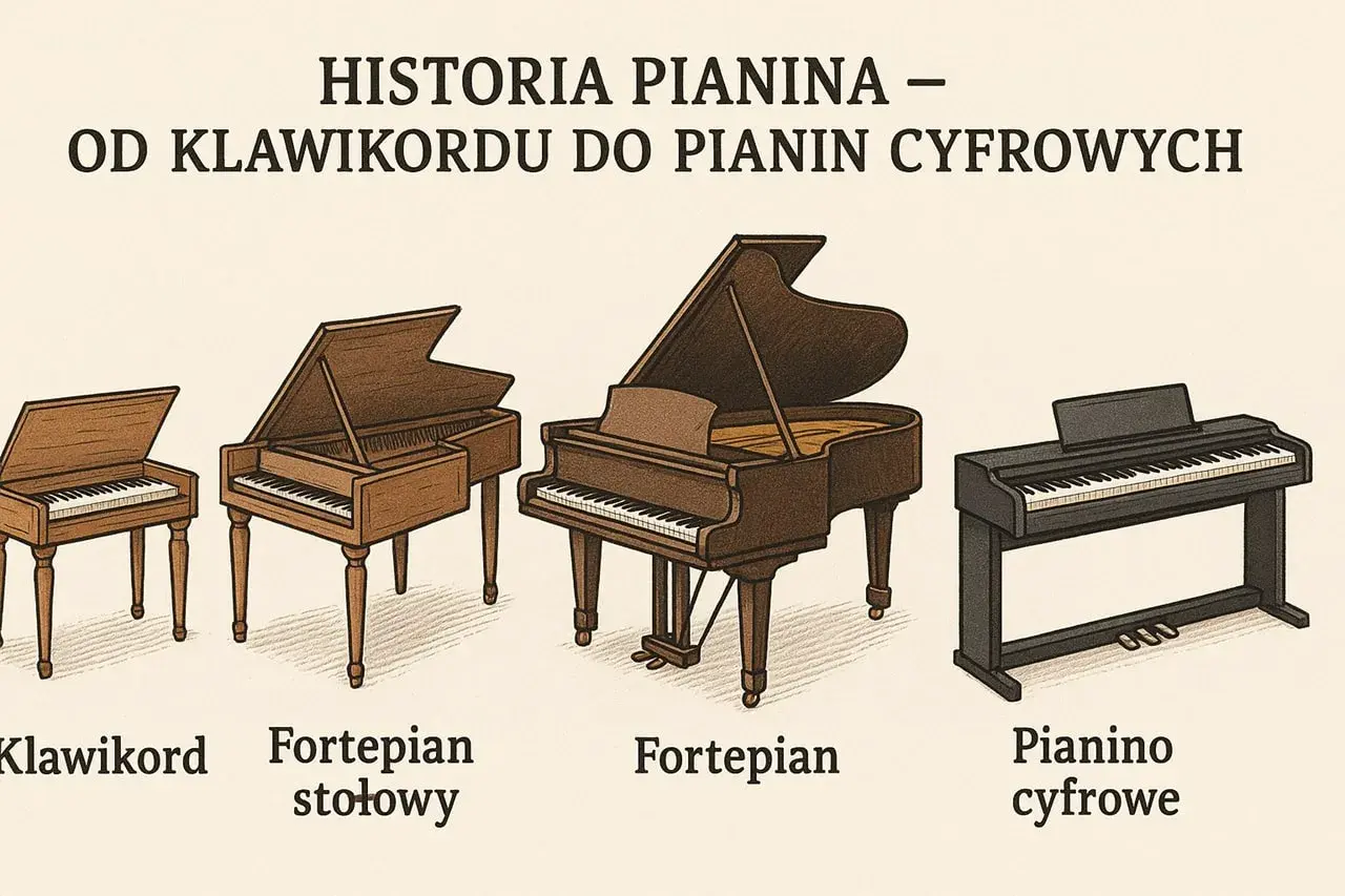 Ewolucja instrumentów klawiszowych: od klawikordu, przez fortepian stołowy i fortepian, po pianino cyfrowe. Różnice widać w budowie i rozmiarze.