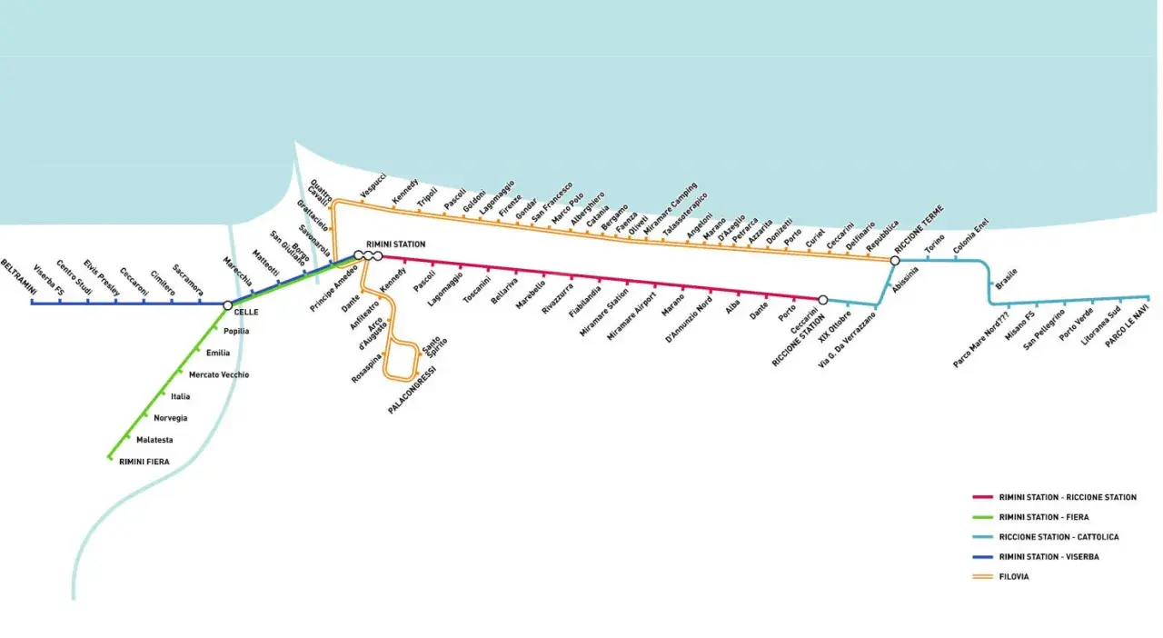 Mappa delle fermate del treno e filovie a Rimini e Riccione, con linee che collegano le stazioni e le località balneari.