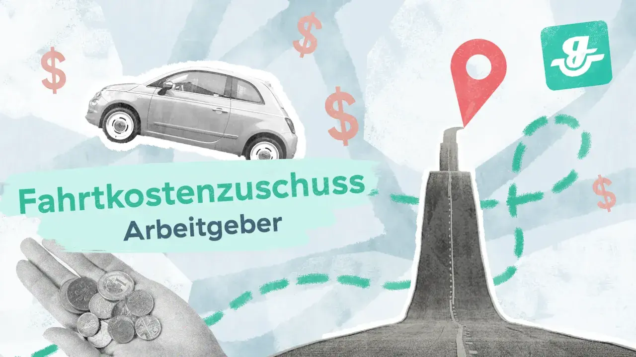 Fahrtkostenzuschuss vom Arbeitgeber: Ein Auto, Münzen in der Hand und eine rote Zielmarkierung symbolisieren steuerfreie Erstattung für Pendler.