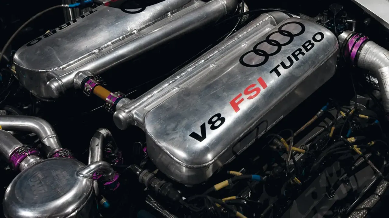 Silnik V8 FSI z podwójnym turbo (twin turbo a biturbo) Audi, z widocznymi elementami układu dolotowego i okablowaniem.