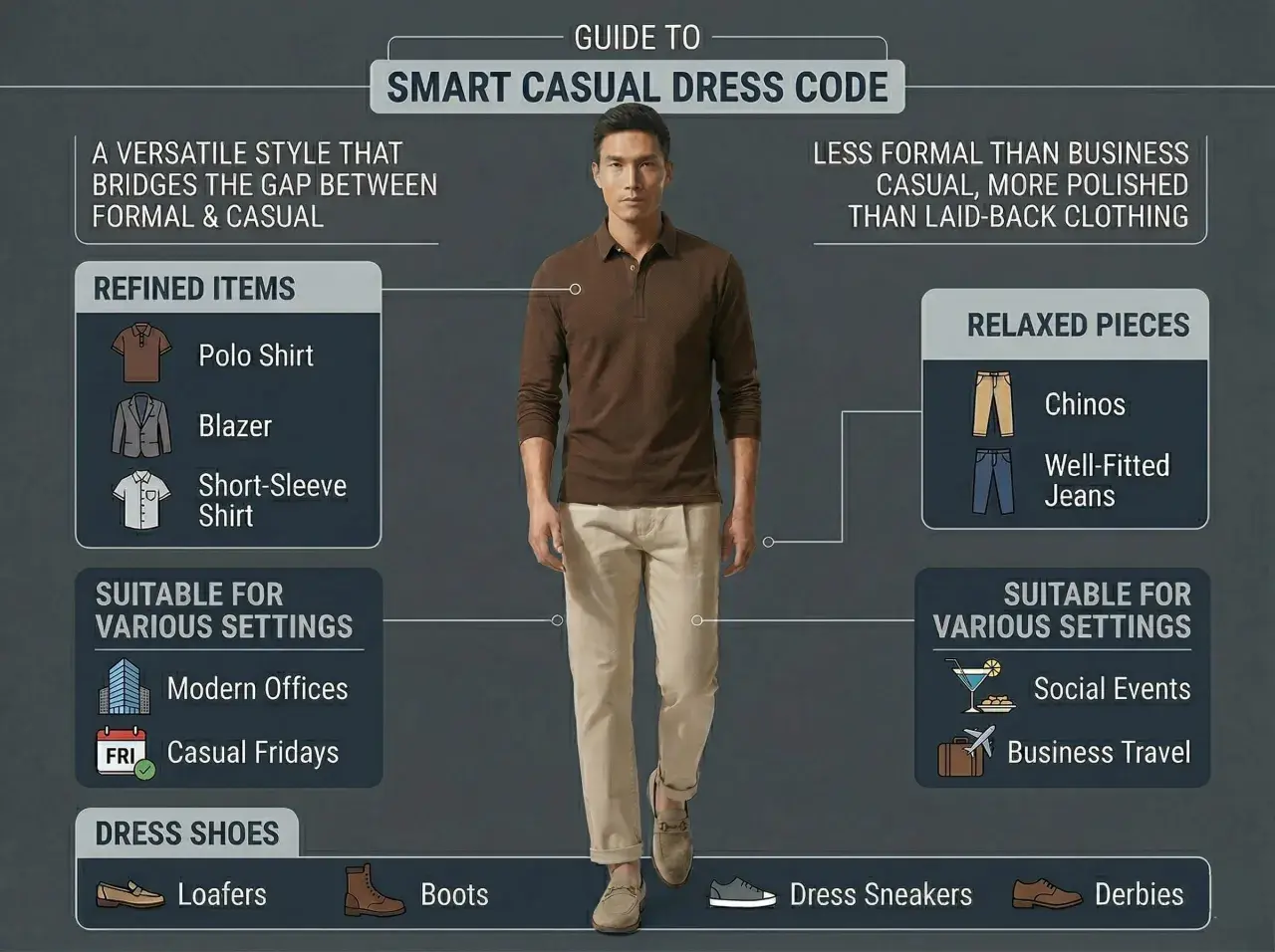 Mann im Smart Casual Look: braunes Poloshirt, Chinos, Loafers. Ideal für moderne Büros und Casual Fridays.