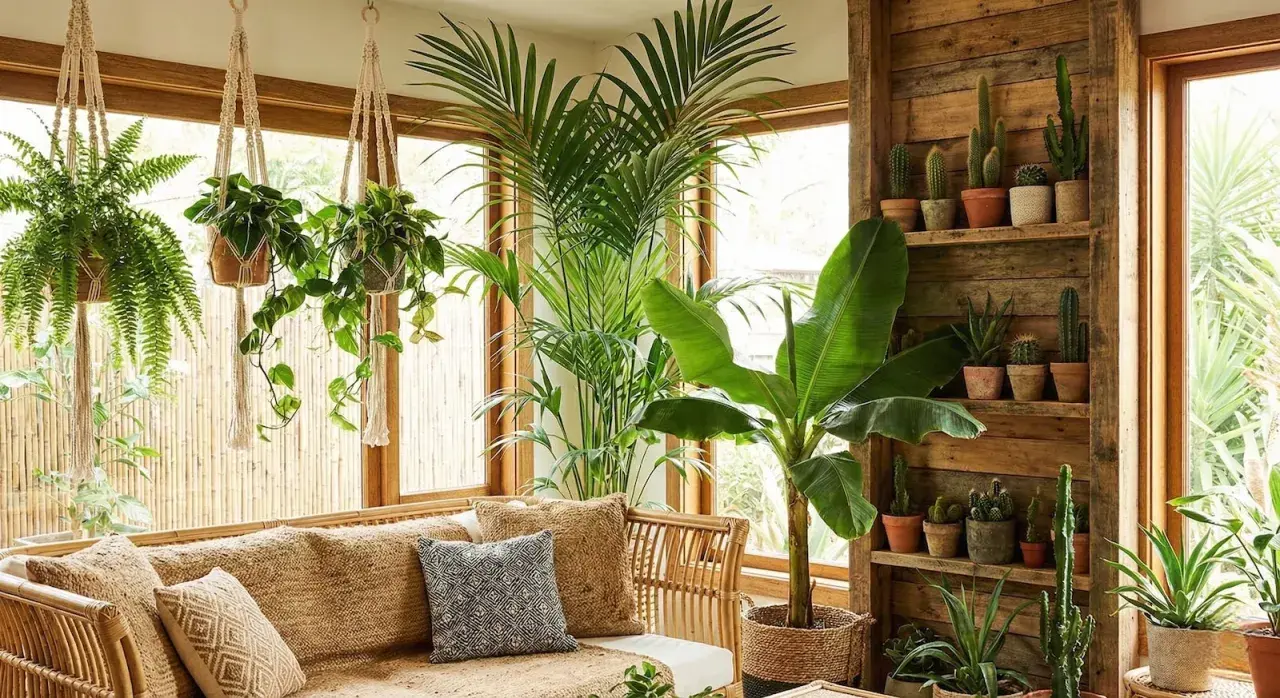 Un salon baigné de lumière, où les **motifs végétaux** des plantes luxuriantes créent une atmosphère tropicale apaisante. Canapé en rotin, coussins texturés.